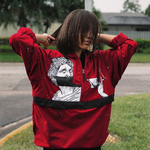Vintage Red Windbreaker, Custom Hand painted Art - Picture 3 of 6